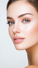 Obraz premium Close-up portrait of a beautiful woman highlighting flawless skin and captivating eyes, perfect for beauty and fashion.