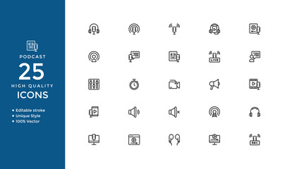 Podcast Icons – Solid Vector Set of Microphone, Audio, Broadcasting & Entertainment Symbols