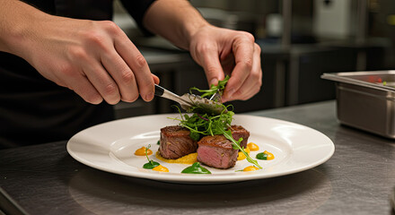 Food, gourmet meal and fine dining on plate for display, luxury and fancy restaurant. Healthy protein, vegetables or presentation of dinner closeup in culinary school, catering service or hospitality