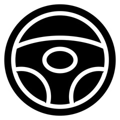 A simple black and white illustration of a cars steering wheel. A circular design with three spokes.