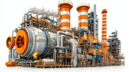 Detailed 3D Render Of An Industrial Complex With Silver Pipes And Orange Accents On White