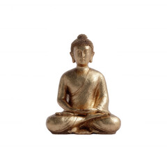 A golden statue of Buddha sitting in a meditative pose, reflecting peace and serenity. Ideal for promoting mindfulness and spiritual well-being.