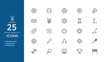 Sports Line Icons &ndash; Editable Vector Set of Soccer, Basketball, Baseball & Athletic Symbols