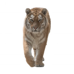Fototapeta premium A majestic tiger walking confidently, showcasing its powerful physique and striking orange and black stripes against a white isolated background.