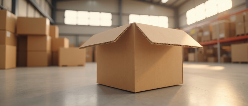 Cardboard box sits prominently spacious warehouse, surrounded by stacked packages and bright natural light streaming through large windows