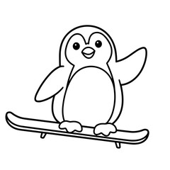 Obraz premium Penguin on snowboard waving happily, concept of coloring page. Hand Drawn black and white sketch.