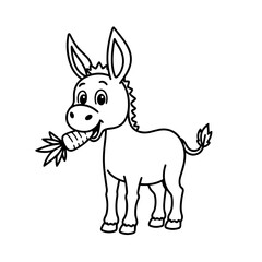 Cartoon donkey holding a carrot with a cheerful expression. Hand Drawn black and white sketch.