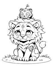 Cute Anime Robot Lion Cub Line Art Illustration