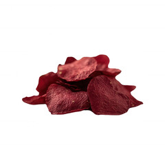 A pile of vibrant red rose petals, delicately arranged, showcasing a soft texture and rich color against a white background.