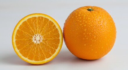 Citrus commercial appeal: dewy orange next to a half-cut one, with soft light and vivid texture to attract consumers.