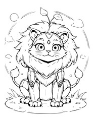 Cute Anime Robot Lion Cub Line Art Illustration