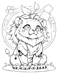 Cute Anime Robot Lion Cub Line Art Illustration