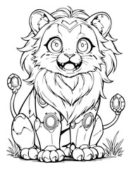 Cute Anime Robot Lion Cub Line Art Illustration