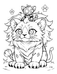 Cute Anime Robot Lion Cub Line Art Illustration
