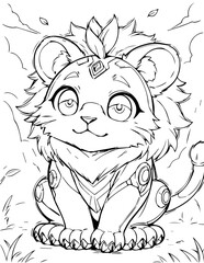 Cute Anime Robot Lion Cub Line Art Illustration