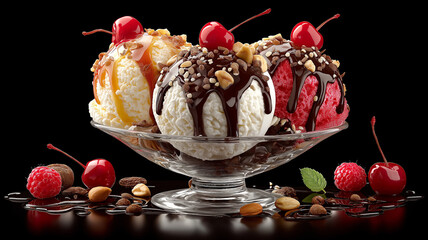 Classic ice cream sundae with chocolate, vanilla, and strawberry topped with syrup, nuts, and cherries – stock photo, real photography, high resolution
