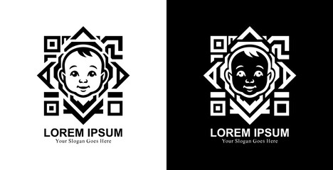 Baby head logo design with QR or barcode shape