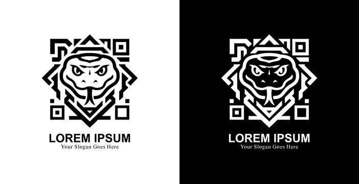 Anaconda snake head logo design with QR or barcode shape