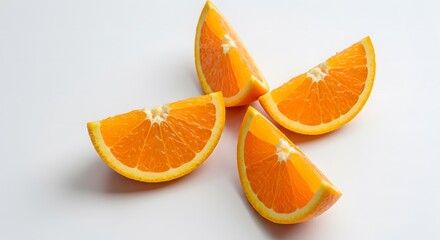 Orange cut into four parts arranged in a casual manner on a white table, with a fresh and detailed look, ideal for highlighting texture and vibrant color in promotional material.