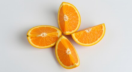 Fototapeta premium Orange composition in lightly scattered quarters, highlighting juiciness and intense color on a clean background, perfect for modern visual applications.