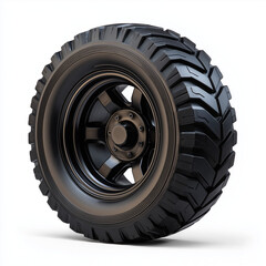 Obraz premium Close-Up of Black Car Tire with Alloy Wheel on White Background