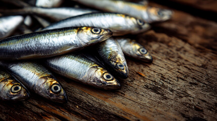 Fototapeta premium Herring displayed on a wooden surface