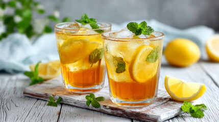 Fototapeta premium Tasty lemon and mint iced tea cocktails served as a refreshing mocktail on a white wooden table