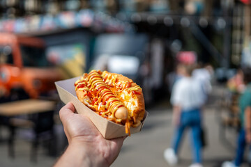 A hand holds a freshly prepared hot dog topped with ketchup, mustard, and shredded cheese in a cardboard tray. The blurred background features a lively outdoor food market.