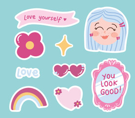 hand drawn cute love yourself element sticker collection