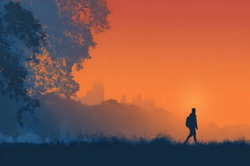 Obraz premium a solitary traveler embarks on a journey amidst a vibrant sunset, framed by a striking tree silhouette