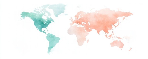 Obraz premium World map watercolor abstract global continents teal peach texture graphic