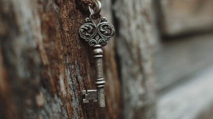 Antique keyring on a wooden door, symbolizing mystery and forgotten stories