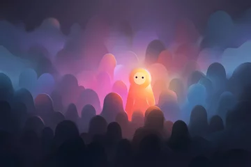 Fotobehang Abstracte kunst an abstract art piece showcasing a glowing figure standing amidst a sea of clouds, it could be an illustration of a soul, spirit, or even an embodiment of inner light  © nirabs_creative