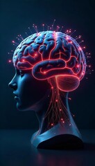 AI brain made of circuits and glowing data nodes, 3D render
