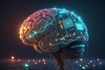 AI brain made of circuits and glowing data nodes, 3D render
