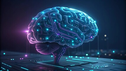 AI brain made of circuits and glowing data nodes, 3D render
