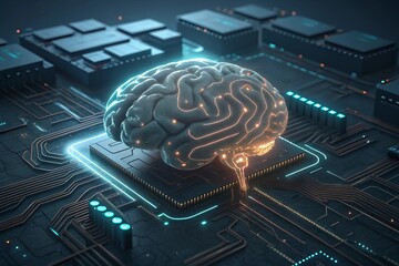 AI brain made of circuits and glowing data nodes, 3D render

