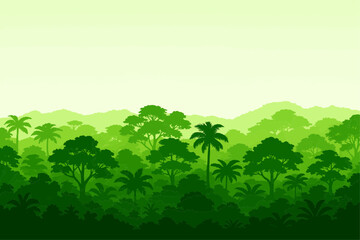 Obraz premium Vector illustration of horizontal panorama tropical rainforest in silhouette style with trees and mountains, jungle concept.