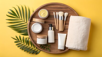 Naklejka premium Flat Lay of Skincare Brushes and Creams with Tropical Vibe