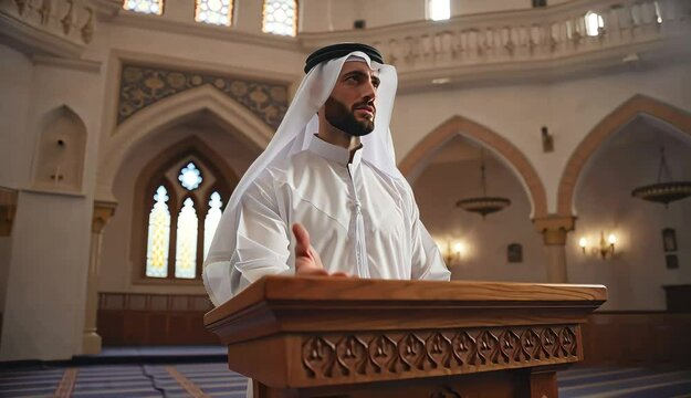 Islamic Imam Delivering Sermon on Minbar Inside Mosque During Friday Khutbah