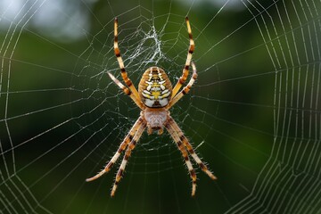 Closeup of a garden spider in its orb web waiting for prey