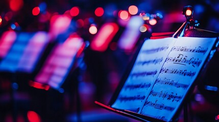 Orchestral Score Under Neon Lights: A Musical Performance