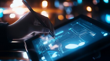 Digital Artist Using Stylus on Illuminated Tablet at Night