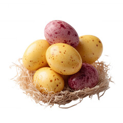 Colorful speckled eggs nestled in soft straw, perfect for Easter or spring-themed decorations, showcasing vibrant hues and natural beauty.