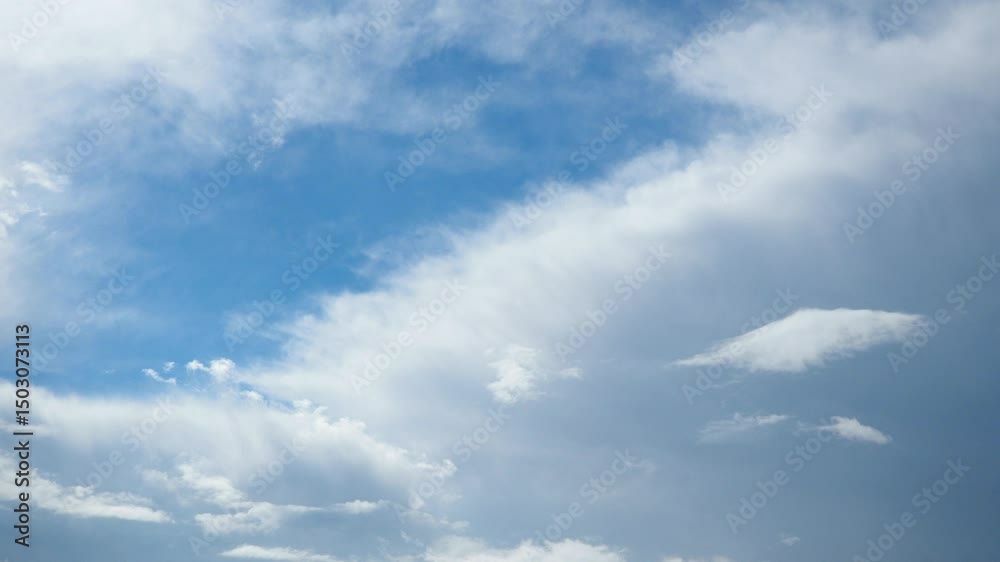 Poster Dramatic weather unfolds as fluffy white clouds float across an expansive blue sky, hinting at a storms arrival. The beauty of nature showcases contrasting colors and textures. Time lapse.