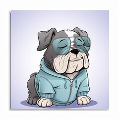 Cartoon bulldog with sunglasses and hoodie, relaxed and stylish illustration