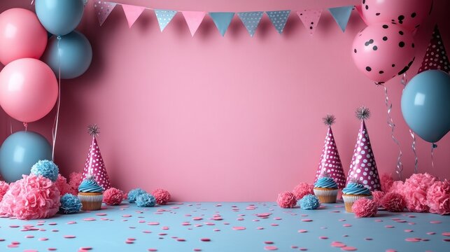 Pink and Blue Birthday Party Setup: Balloons, Cupcakes, and Confetti