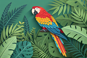 High-Detail Vector Artwork of a Colorful Parrot with Tropical Leaves