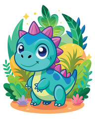 Adorable Baby Dinosaur in Lush Jungle Illustration