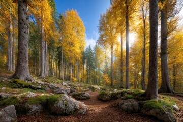 Fototapeta premium Golden Autumn Forest Path: Sunlit Trees and Mossy Rocks
